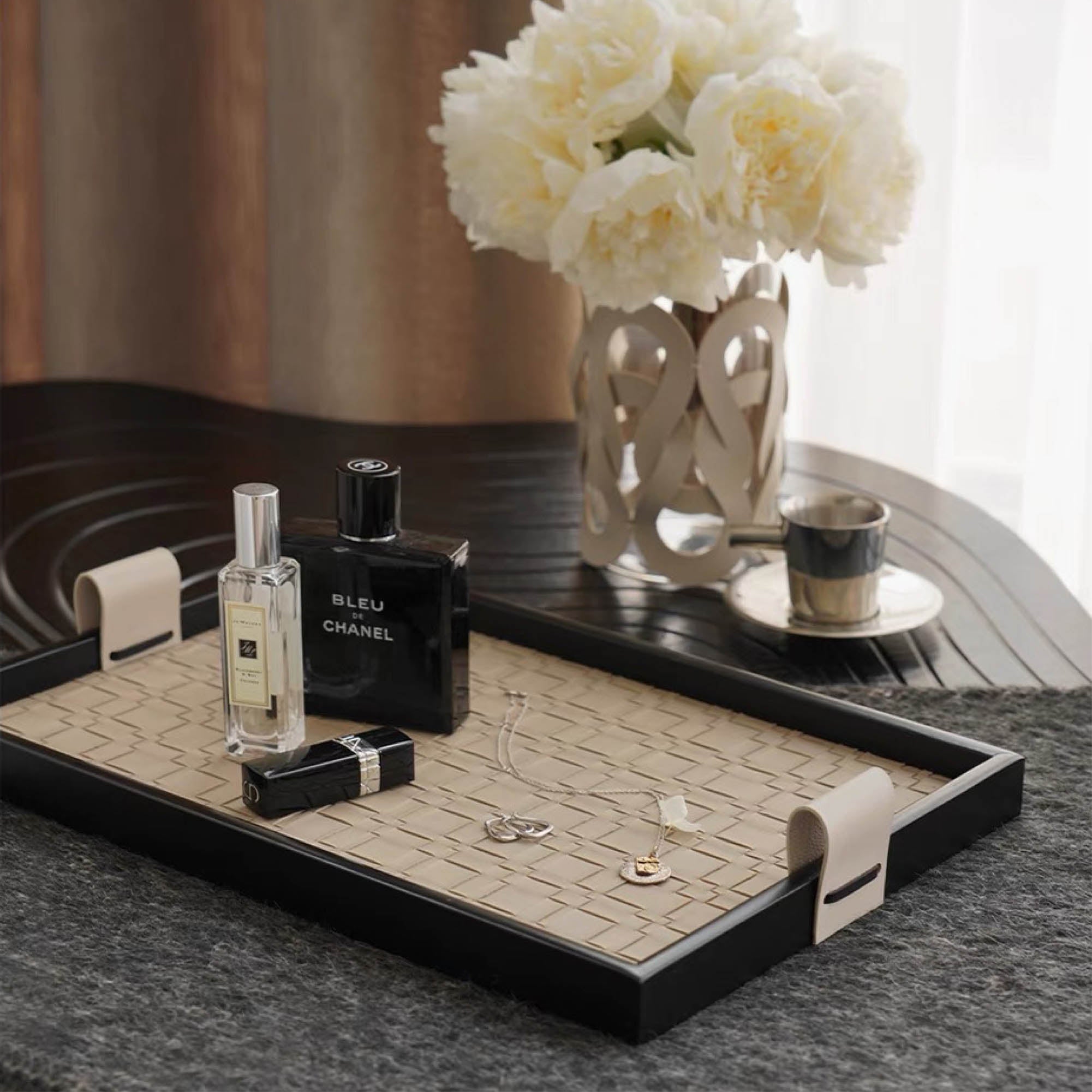 Rectangular Weave Tray with Leather Handles