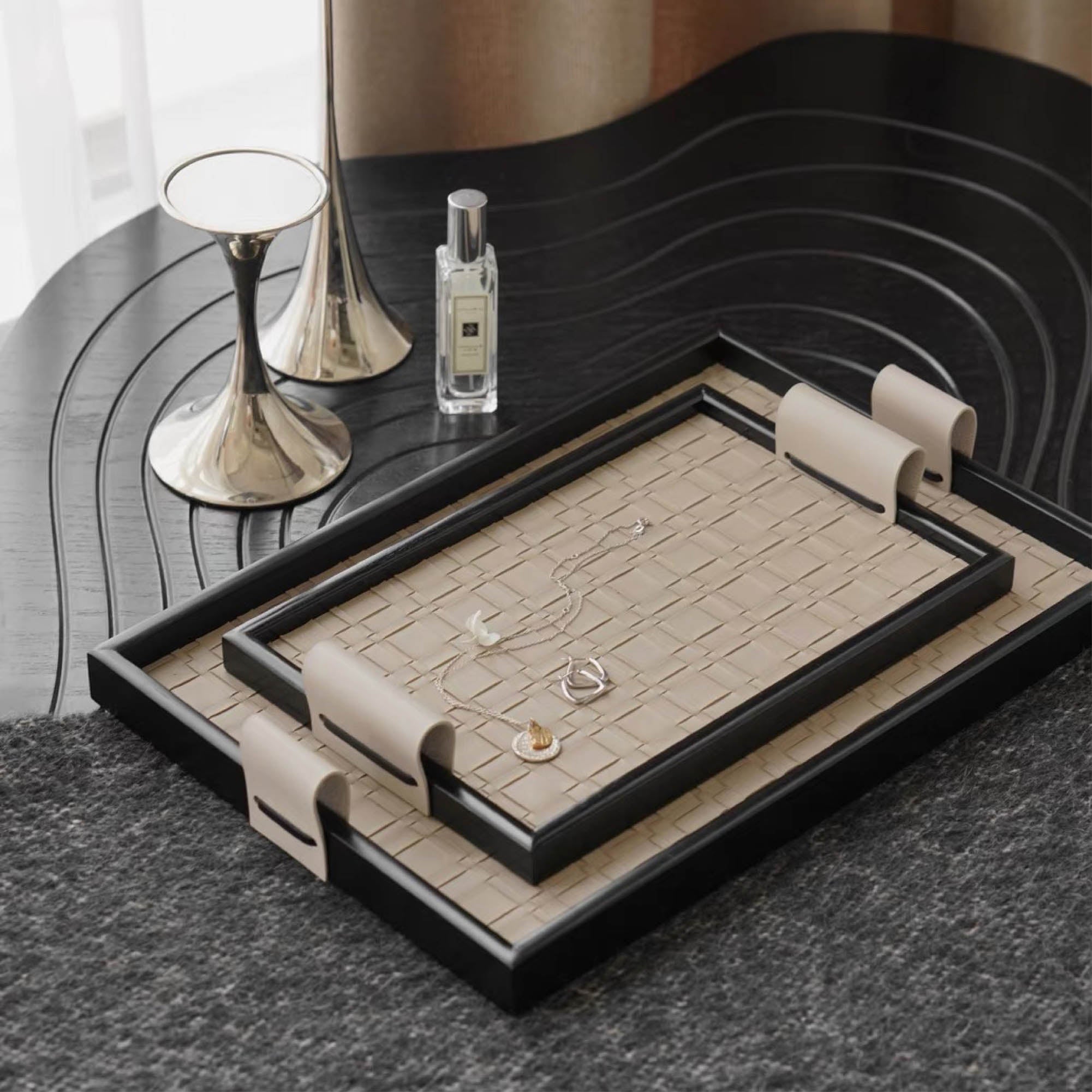 Rectangular Weave Tray with Leather Handles
