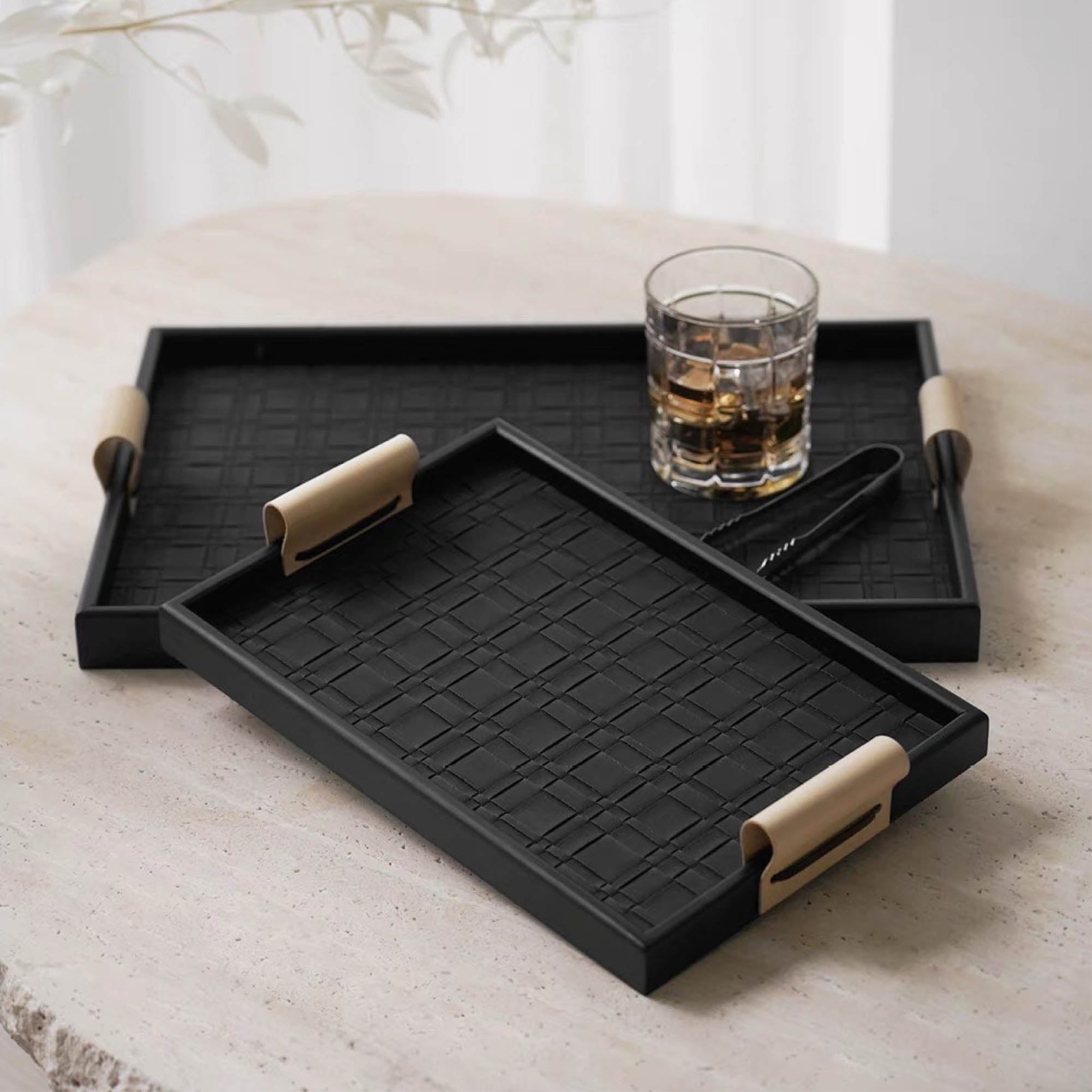Rectangular Weave Tray with Leather Handles