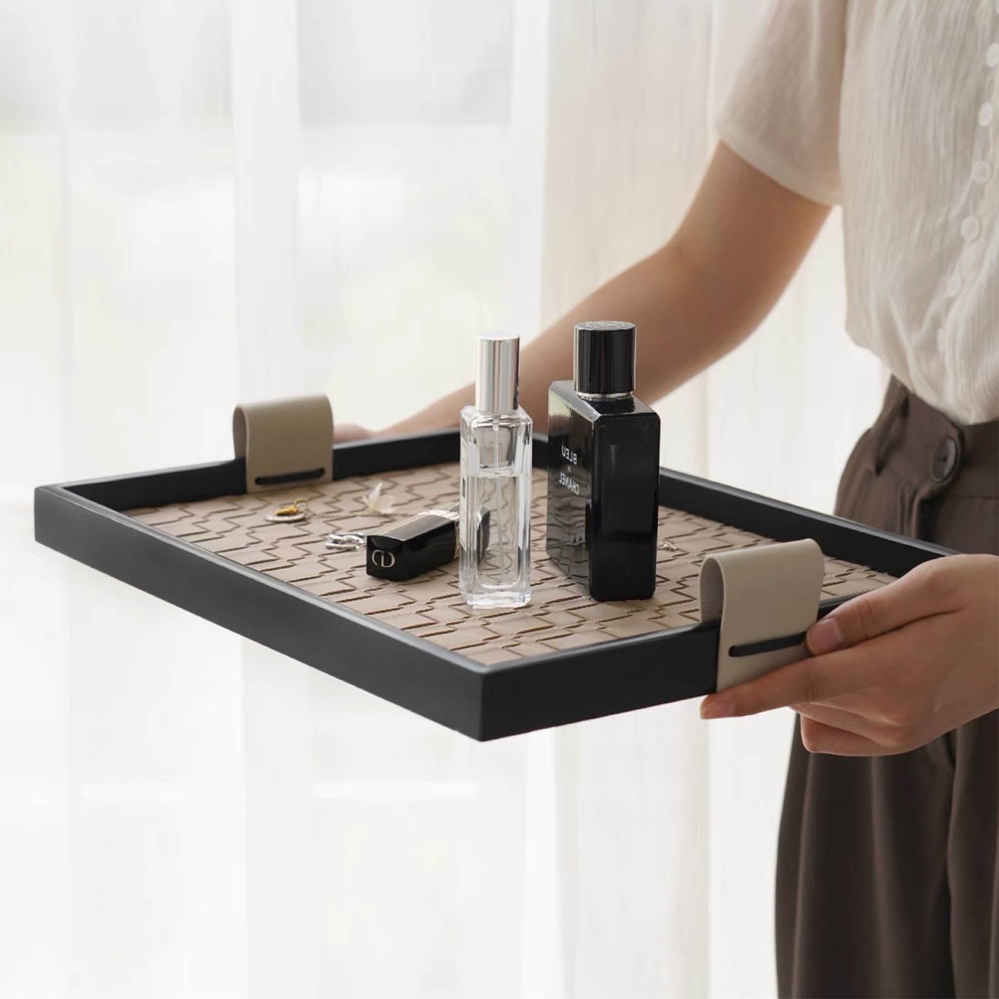 Rectangular Weave Tray with Leather Handles