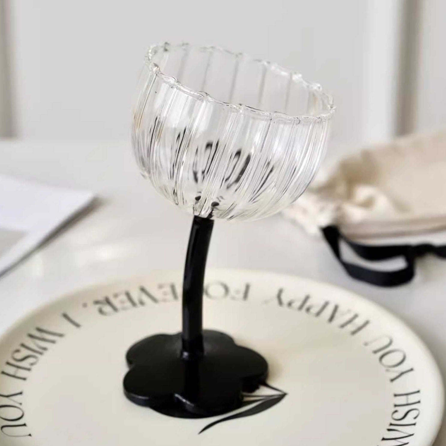 Ribbed Black Wilted Flower Glass Cup