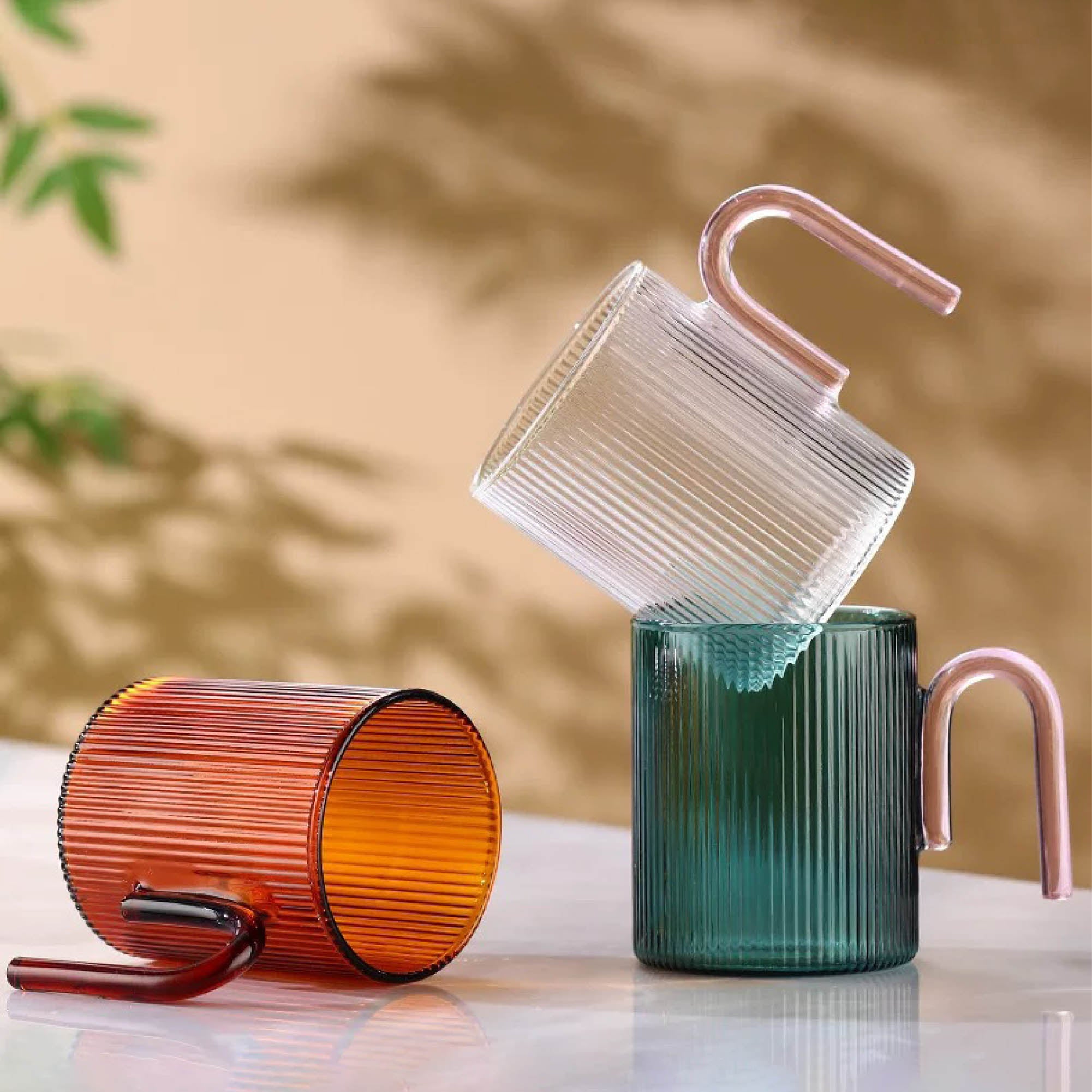 Colored Ribbed Glass Mug with Arched Handle