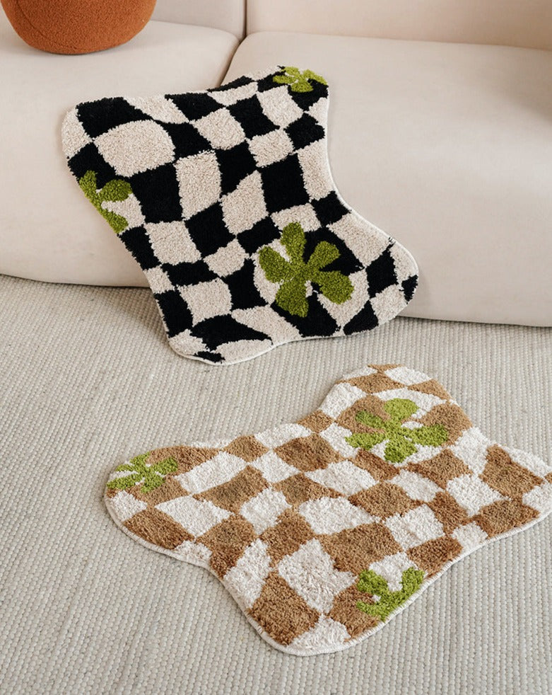 Checkered Rug with Green Flowers