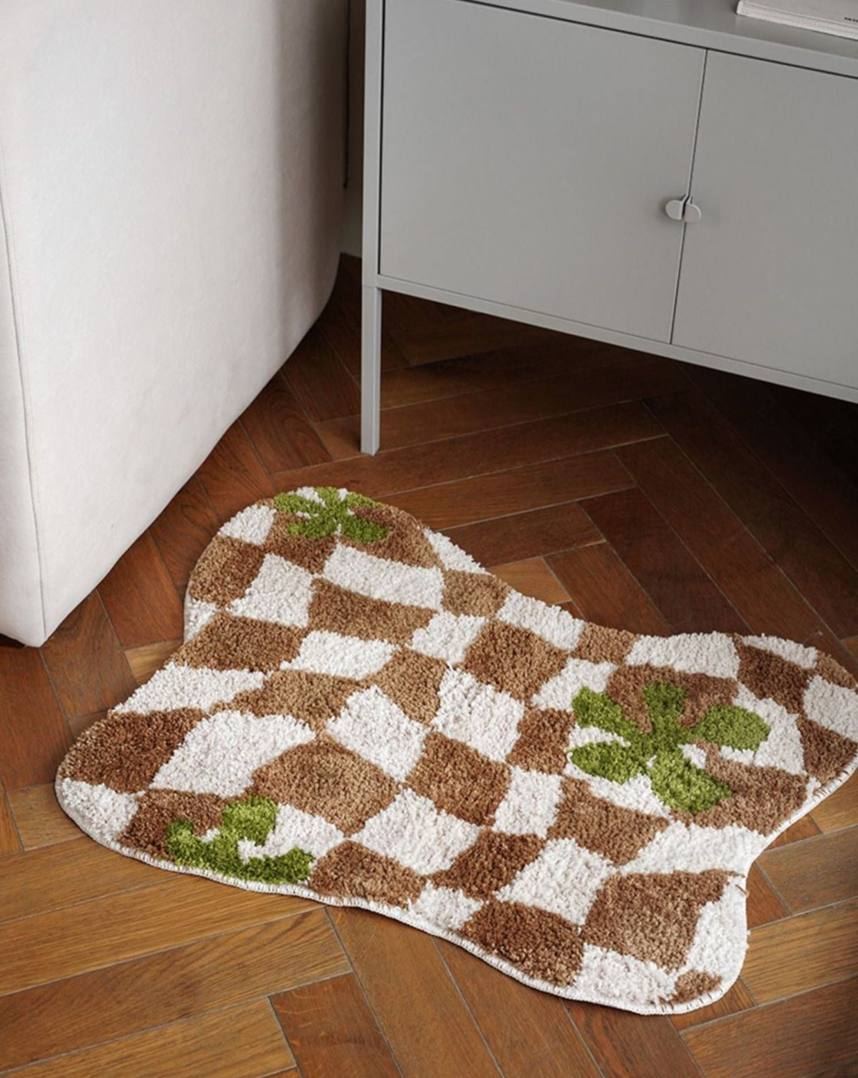 Checkered Rug with Green Flowers