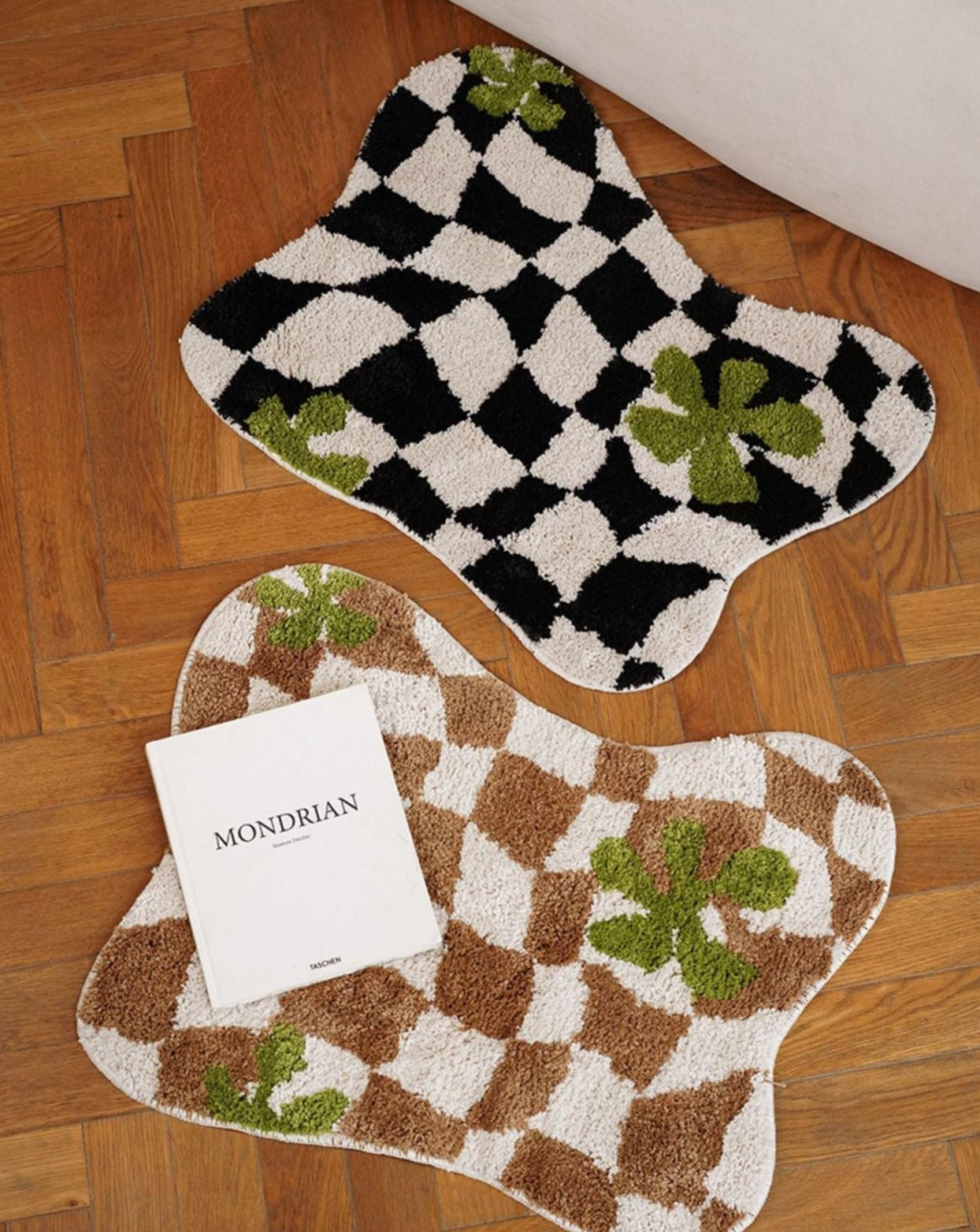 Checkered Rug with Green Flowers