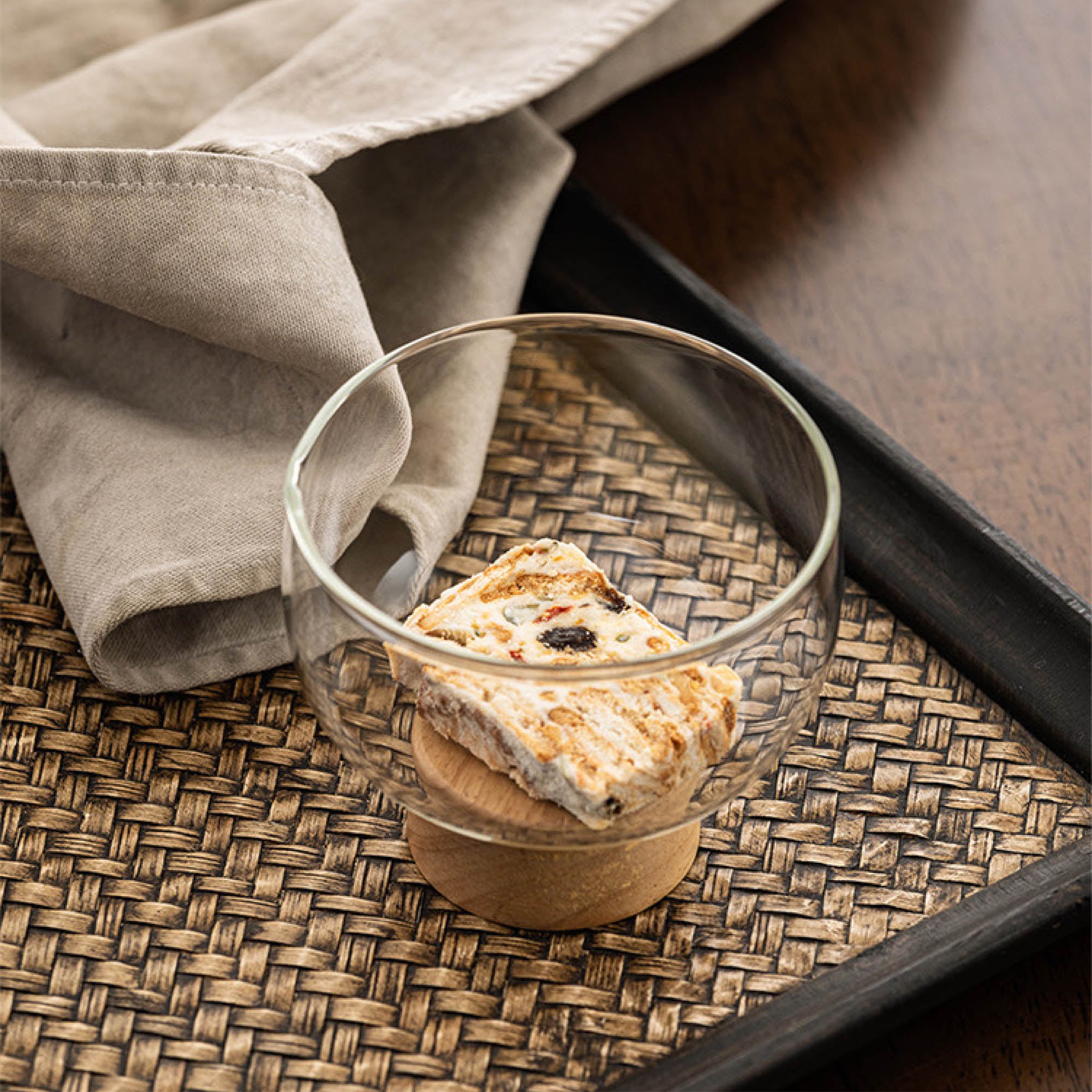 Glass Bowl with Wooden Base